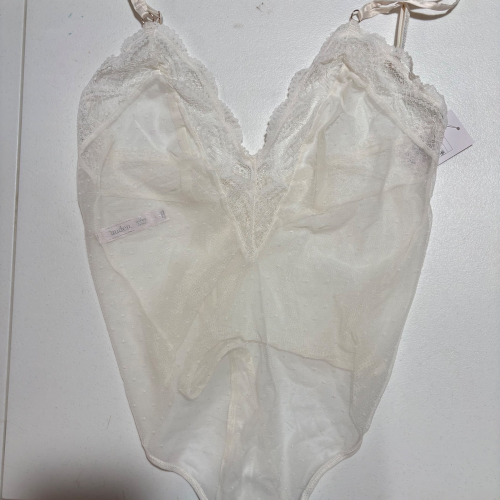 Auden White Sheer Dot Mesh Lace Trim Bodysuit Lingerie Large NWT